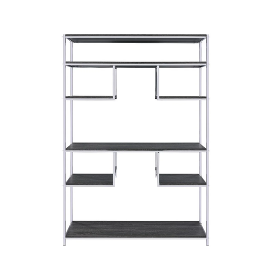 Rectangular Bookshelf with Wooden Shelves in Rustic Gray Oak and Chrome