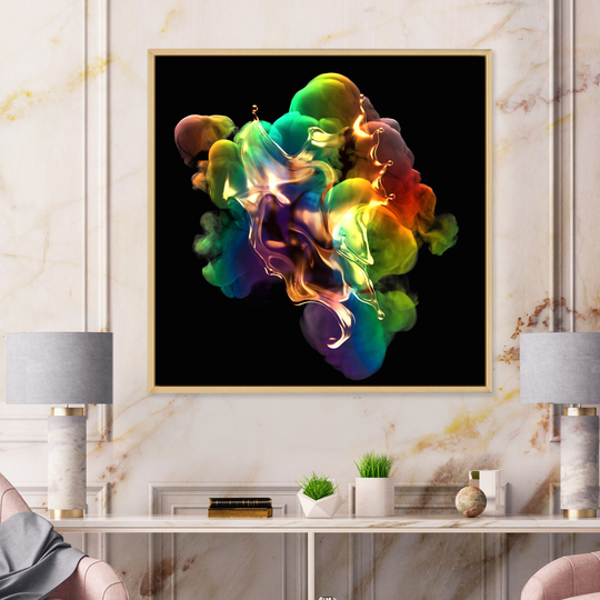 Designart 'Splash Of Gold And Smoke Rainbow Color On A Black' Modern Framed Canvas Wall Art Print