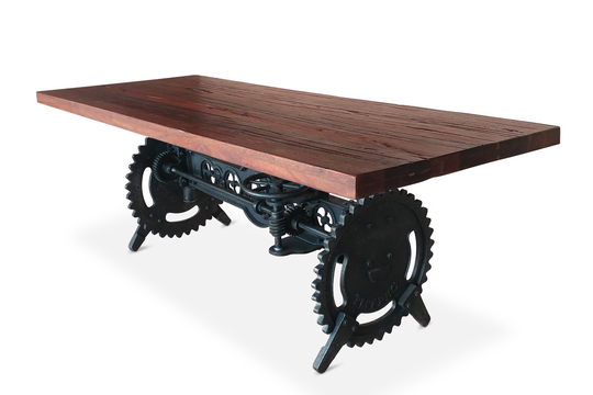 steampunk Adjustable Dining Table - Iron Crank Base Rustic Mahogany