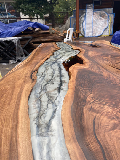 Epoxy Marble Table, Live Edge Custom 96" X 42" Walnut Wood Gray Affect River For Sarah 2