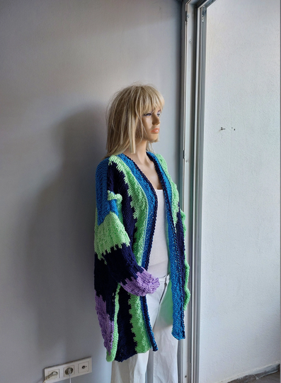 Colors Cardigan Fall, Hand Knit Cardi, Loose Sweater, Acrylic Soft Vest, Ruffled, Long Sleeves Multicolor, Striped Garment, Gift