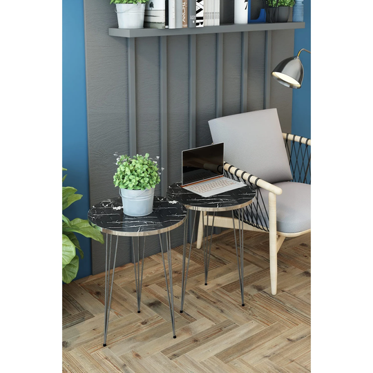 Set of 2 High Gloss Black Marble Silver Legs End Tables Round Wood Stacking Coffee Side Accent Table