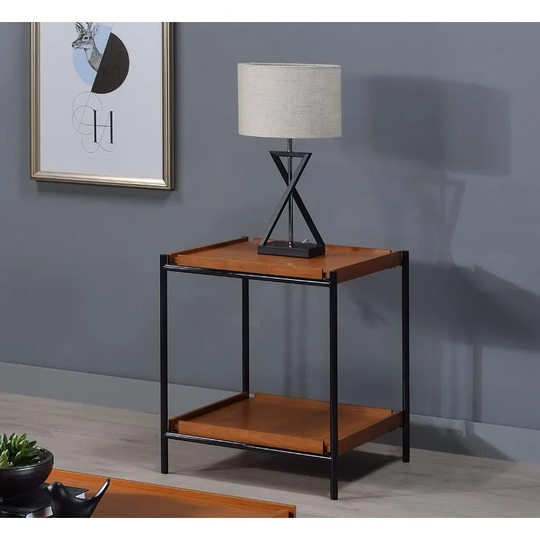 Rectangular End Table : Storage Open Compartment Coffee Table Honey Oak & Black Wooden Top,Metal Open Frame with