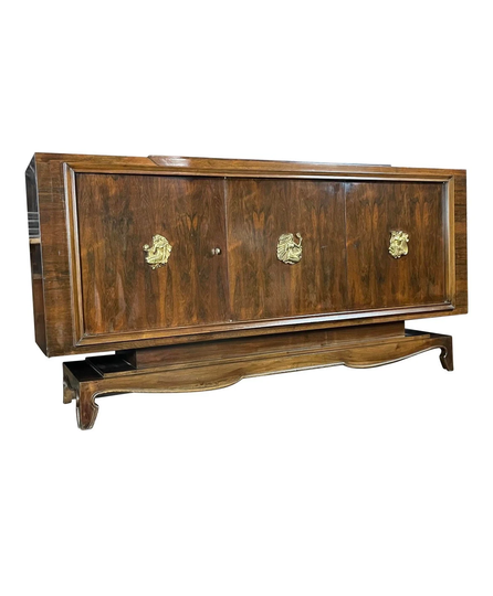 Early 20Th Century French Monumental Art Deco Buffet Sideboard Cabinet Credenza Featuring Brazilian Rosewood & Gilt Reliefs