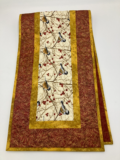 Mountain Chickadees Quilted Table Runner, 13x48", Birds Rust Gold Leaves, Dining Coffee Table, Everyday Reversible Nature Woods End