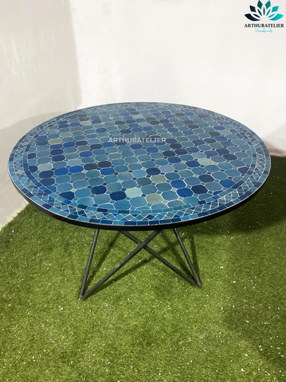 Navy Dark Blue Table Round Made From Mosaic For Outdoor-Indoor 100% Handcrafted Moroccan Tiles, Mid Century Mosaic Coffee