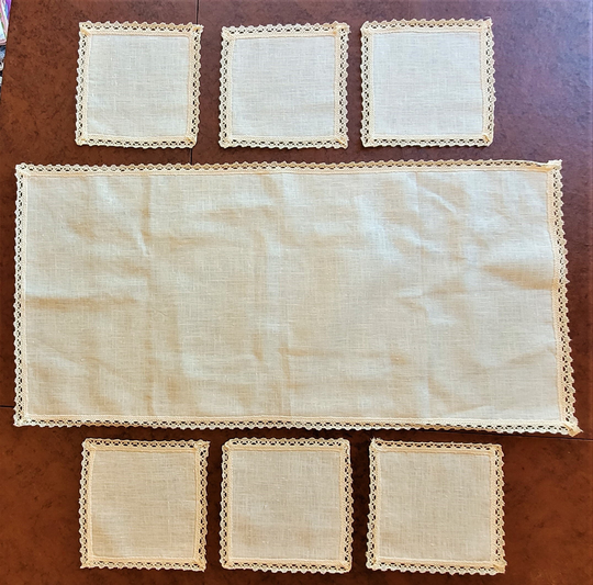 Table Runner & 6 Small Placemats Or Dessert Set 17.5" X 36" Tea Cloth, 8.5" Sq Mats, Unused, Beige Linen, Excellent Vintage Condtn