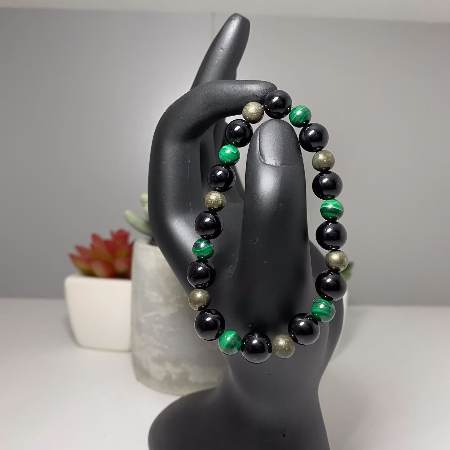 Malachite, Black Onyx, & Pyrite Beaded Bracelet