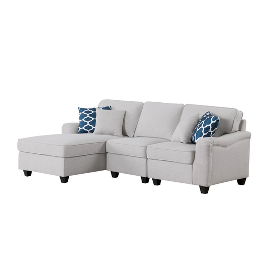 Lulu 93 Inch Sectional 3 Seater Sofa, Left Chaise, 4 Pillows, Light Gray