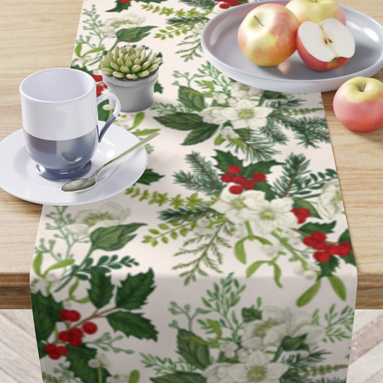 Christmas Table Runner, Winter Holly White Blossoms, Runner Christmas, Holiday Decor, Tabletop Decor 16"x 90" In