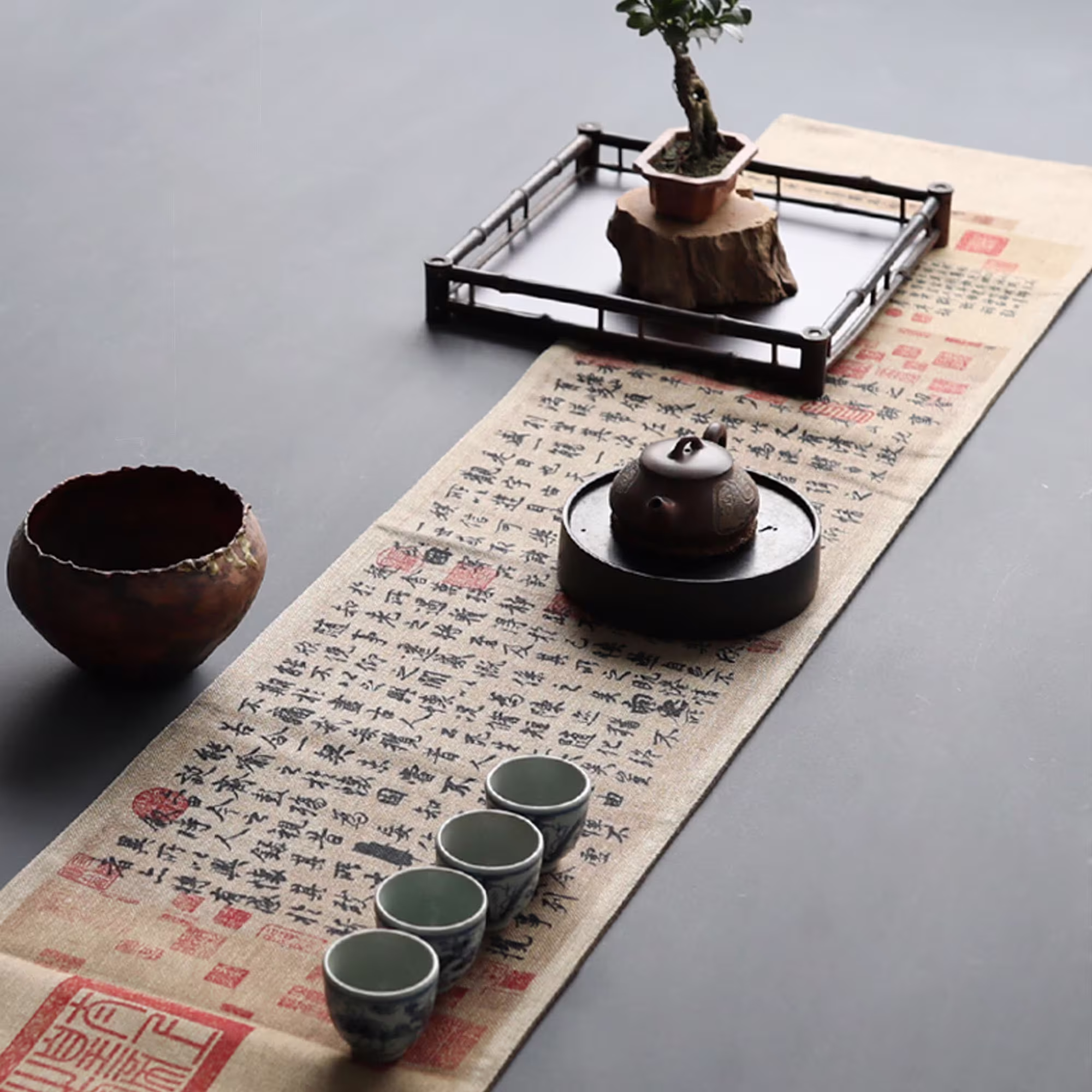 Ancient Chinese Painting Graphic Table Cloth, Tea Mat, Set Accessory, Runners, Linen, 60x12 Inch