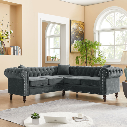80" Deep Button Tufted Upholstered Roll Arm Luxury Classic Chesterfield L-shaped Sofa 3 Pillows Included and Solid Wood Legs