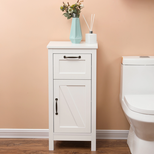 White with Black Hardware MDF Wood 1-Door and 1-Drawer Storage Cabinet - 32.1" H - 32.1" H x 15.1" W x 11.8" D