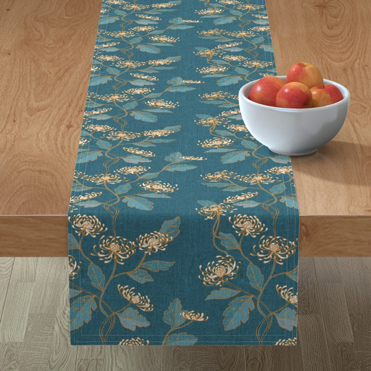 Art Nouveau Table Runner - Chrysanthemum By Ceciliamok Chrysanthemums Cloisonne Cotton Sateen Spoonflower