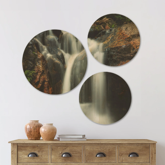 Designart 'Slow Motion Waterfall on Rocks' Landscape Wood Wall Art Set of 3 Circles - Multi-Color