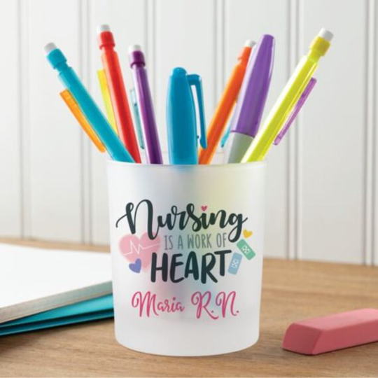 Nursing Is A Work Of Heart Frosted Glass Pencil Holder, Personalized Holder, Nurse Gift, Christmas Nurse Gift, Nurse Appreciation