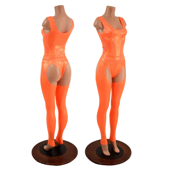 2Pc Set Orange Sparkly Jewel Tank Style Romper With Brazilian Cut Leg & Midrise Chaps 157789