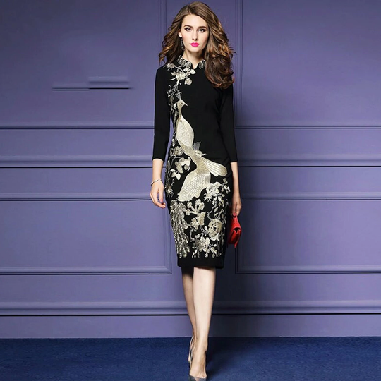 Women Chinese Style Cheong Sam Phoenix Flower Embroidery Pencil Dresses High Waist 3/4 Sleeve Stand Collar Zipper Dress