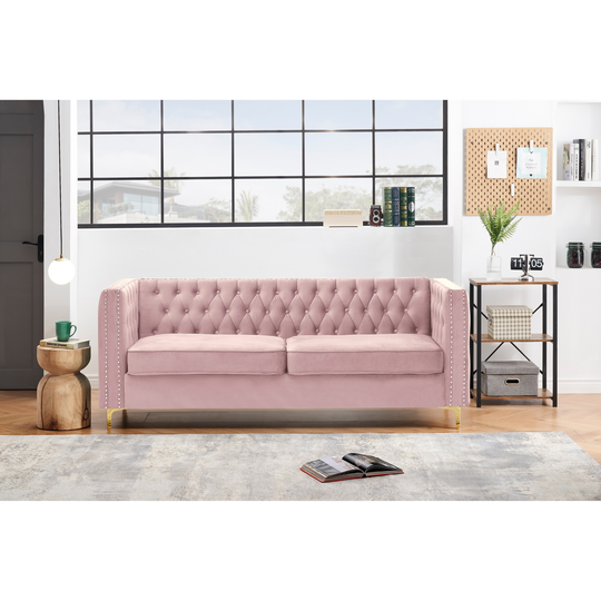 Vintage Style Chesterfield Three-seat Sofa, Velvet Sofas & Couches with Nail Head & Gold Metal Feet