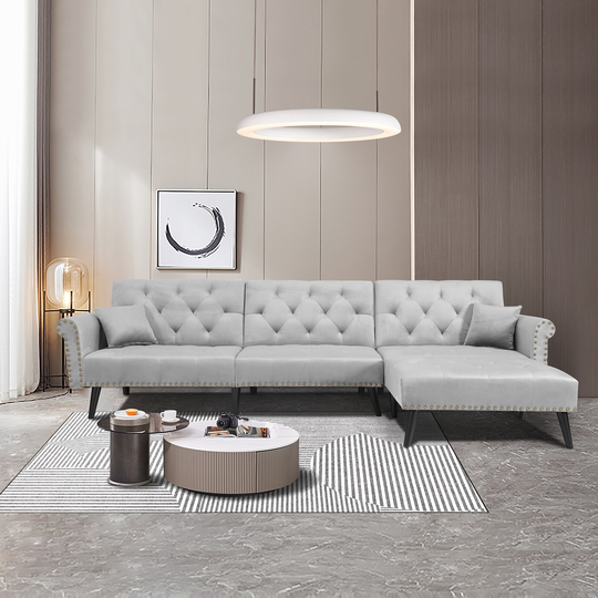 115" Velvet Convertible Folding Sofa bed, Sleeper Sofa with Loung Chaise 2 Pillows, Nailhead Trim, Light Grey Velvet