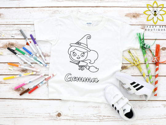 Custom Halloween Coloring Shirt, Color Your Own Personalized Witch Tee, On Broom Tee