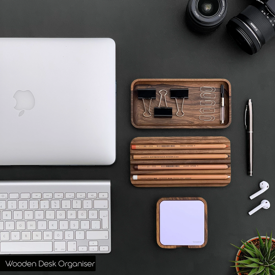 Wooden Desk Organization Set Of 3 L Office Accessories & Organizer Trays From Walnut