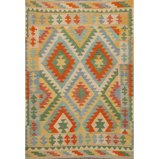 Geometric Multi-Color Kilim Persian Area Rug Flat-Weave Wool Carpet - 4'10"x 6'4"