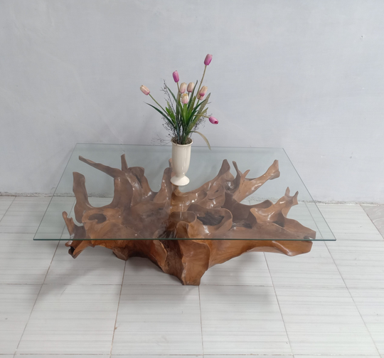 Rectangular Carving Table - Flower Shape Teak Root Coffee Driftwood Wood Live Edge