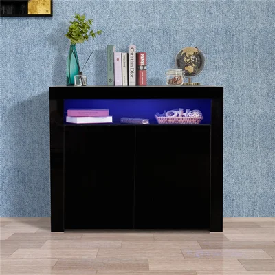 Living Room Sideboard Storage Cabinet Black High Gloss With 2 Doors For Hallway Dining Room