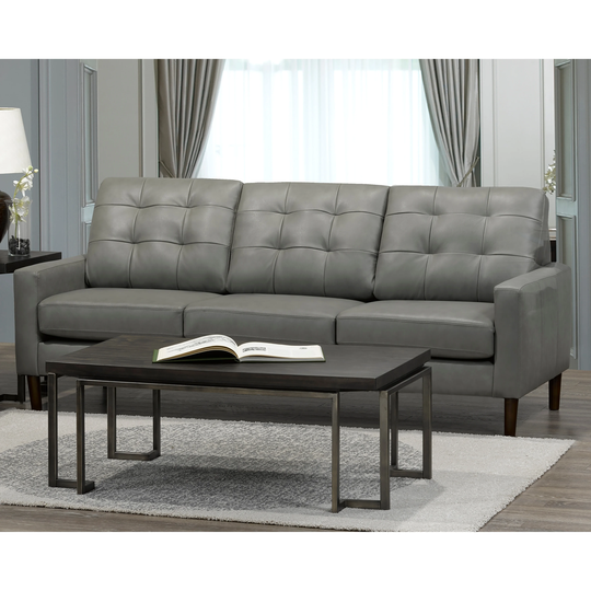 Colt Mid Century Modern Grey Top Grain Italian Leather Tufted Sofa - 36 x 86 x 36