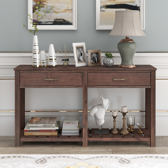 Classic Solid Console Table with 2 Drawers and Slatted Shelf, Entryway Table with Storage