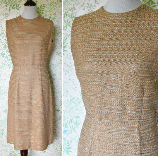Metallic Stripes 1950's 60's Vintage Light Brown Woven Sleeveless Eyelet Sweater Pencil Dress // Size Medium Caledonia Frederick & Nelson