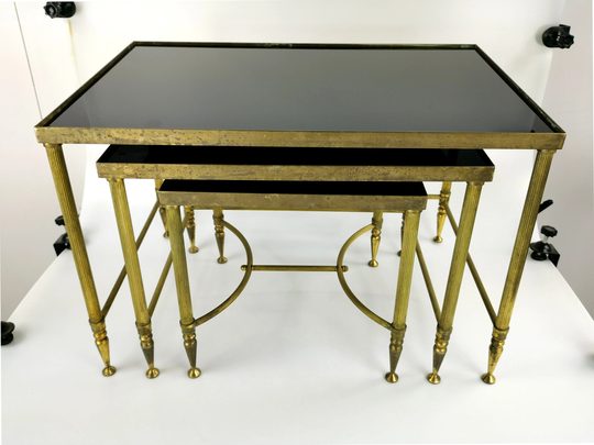 Set Of 3 Brass Nesting Tables/Hollywood Regency Coffee Table With Black Glass Mid Century Home Decor Art Deco