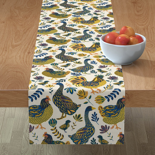 Farmhouse Floral Table Runner - French Farm By Lapetitelecour Goose Rooster Modern Cotton Sateen Spoonflower
