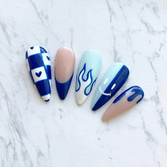Reusable Blue Smiley Face Checkered Heart Flame Drip Press On Nails