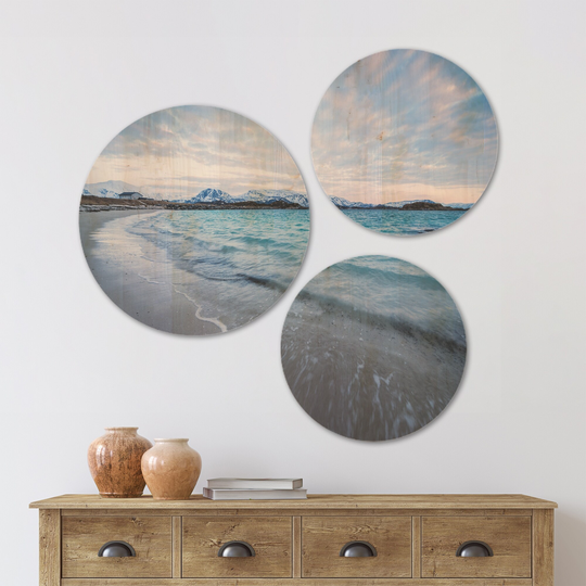 Designart 'Waves Splashing the Calm Seashore' Modern Seascape Wood Wall Art Set of 3 Circles - Multi-Color