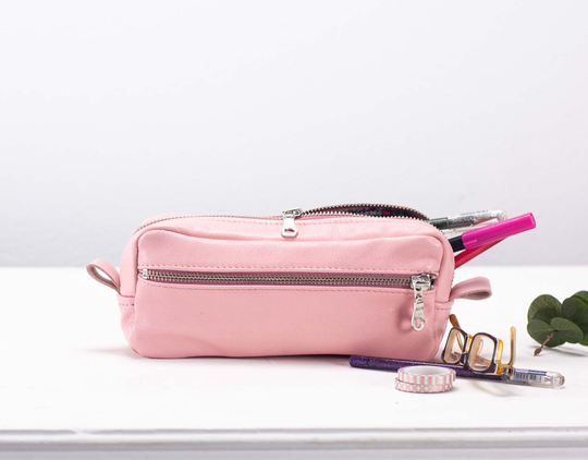 Baby Pink Leather Pencils Case, Rectangular Accessory Bag Purse Case Glasses Markers Zipper Pouch - The Brick