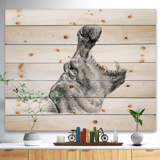 Designart 'Pencil hippo Sketch in Black and White' Animals Print on Natural Pine Wood - White