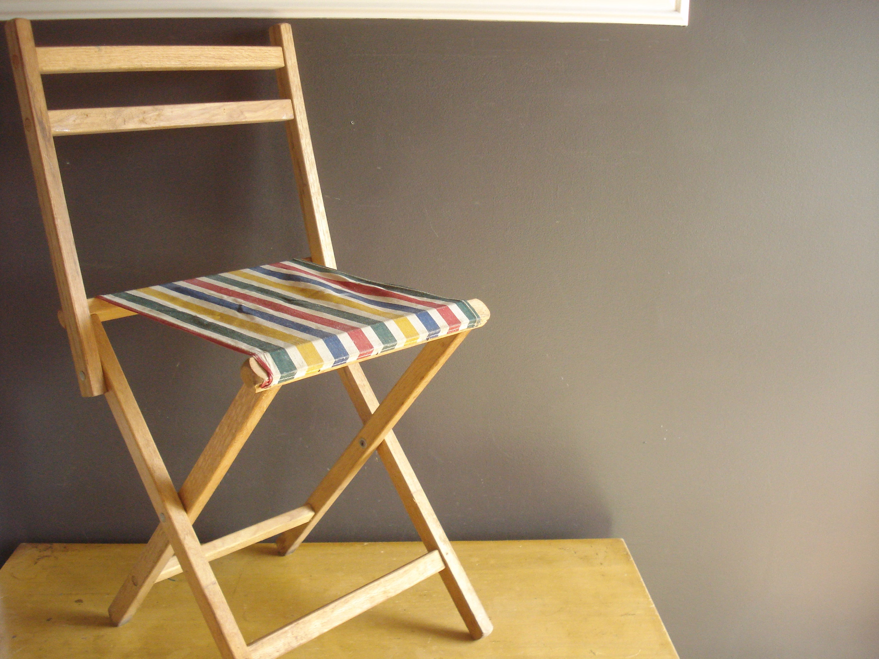 Unfold A Seat - Vintage Wood & Fabric Camping Stool With Back Folding Or Collapsible Wooden Chair