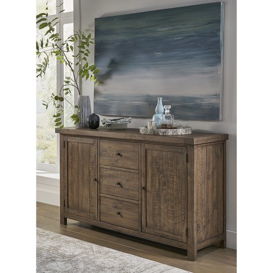 Wooden Sideboard with Three Drawers and Two Side Door Cabinets, Oak Brown