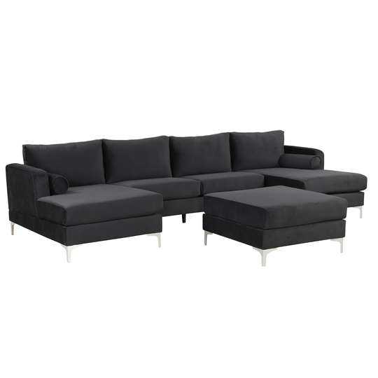Velvet Fabric Couch Reversible Chaise Sofa U Shaped Sectional Sofa with Ottoman and Metal Legs, Two Pillows for Living Room
