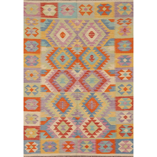 Multi-Color Kilim Reversible Area Rug Flat-weave Wool Carpet - 4'11" x 6'7"