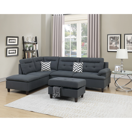 Global Pronex Living Room Furniture Charcoal Cushion Sectional Ottoman Linen Like Fabric Sofa Chaise