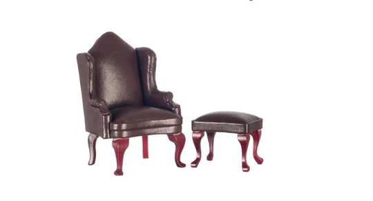 Dollhouse Miniature Brown Wing Chair & Ottoman. 112 Scale