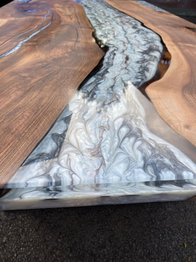 Epoxy Marble Table, Custom 78" X 42" Walnut Wood Gray Affect Live Edge For Amber M