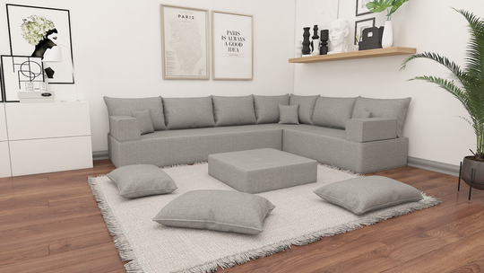 12" Thickness Gray Color L Shaped Sofa, Linen Fabric Floor Seating, Relaxing Sofas, Sectional Sofa Set, Yoga Meditation Bed, K-006-1