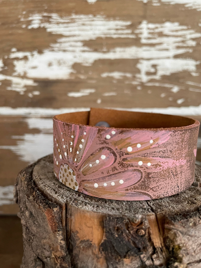 Leather Art Cuff-Create Your Own - Distressed Leather-Word Cuff-Pink Florals