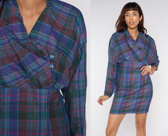 80S Mini Dress Plaid Checkered High Waist Dolman Sleeve Pencil Secretary Day Vintage Long Preppy Retro Medium 8