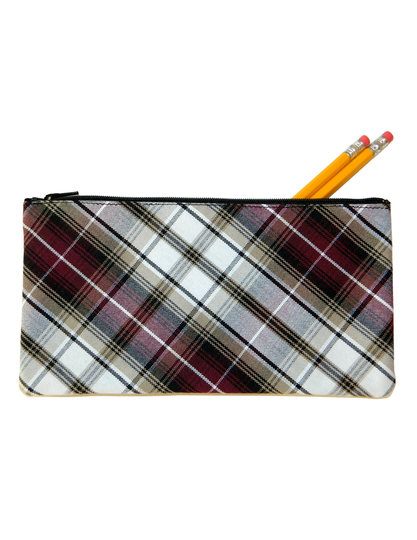 Burgundy & Khaki Plaid Pencil Case - School Uniform Plaid, Lunch Box, Backpack, And