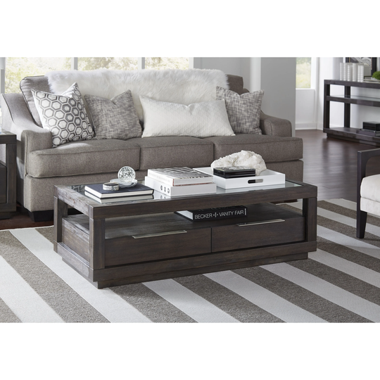 Wooden Coffee Table with Glass Inlay Table Top and Two Drawers, Basalt Gray